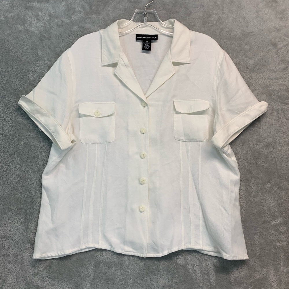 Vintage Norton McNaughton White Blouse Linen Blend Button Up Size Plus 18